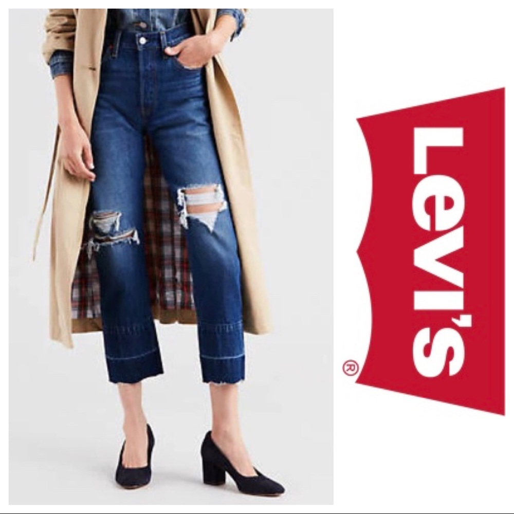 Levi’s Premium 501 Original Cropped High Rise Straight Distressed Cut Off Jeans